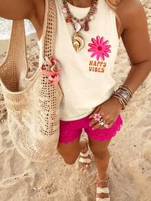 DrmWander Plus Size Women's Floral & Letter Print Round Neck Summer Tank Top - Apricot - View 2