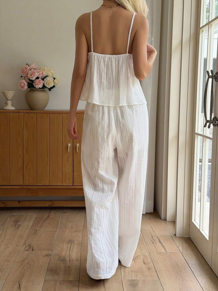 Women's Vacation Casual Embroidered Tie Strap Jumpsuit 2 Pieces Set