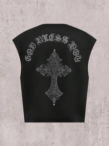 Skyrend Men's Casual Cross & Letter Rhinestone Decor Tank Top, Summeremo Gothic Punk Streetwear For Emo Boy - Black - View 3