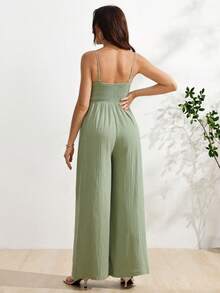SHEIN 淺綠色平口連身褲，100%純棉，壓褶紋理面料，哺乳功能設計，孕婦友善蝴蝶結裝飾，舒適居家穿著，慵懶度假風孕婦哺乳連身褲 - 綠色 - 查看 2