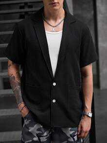 Manfinity CasualCool 男士西裝襯衫，大口袋翻領短袖薄款襯衫 - 黑色 - 查看 4