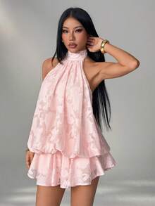 SHEIN PETITE 夏季優雅性感素色露背掛脖迷你洋裝 - 淺粉色 - 查看 4