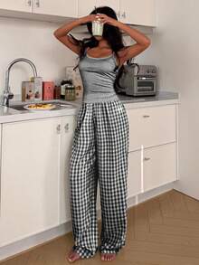ZzzCrew Women's Fresh Striped Top And Plaid Long Pants Pajama Set - Black and White - View 5