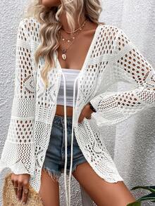 SHEIN Swim 素色鏤空針織和服式罩衫 - 白色 - 查看 3