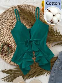 Selianne Hot Summer French Elegant Daily Date Street Outfit | Women's Front Tie Ruffle Spaghetti Strap Slim Fit Figure Flattering Cami Tank Top - Teal Blue - View 4