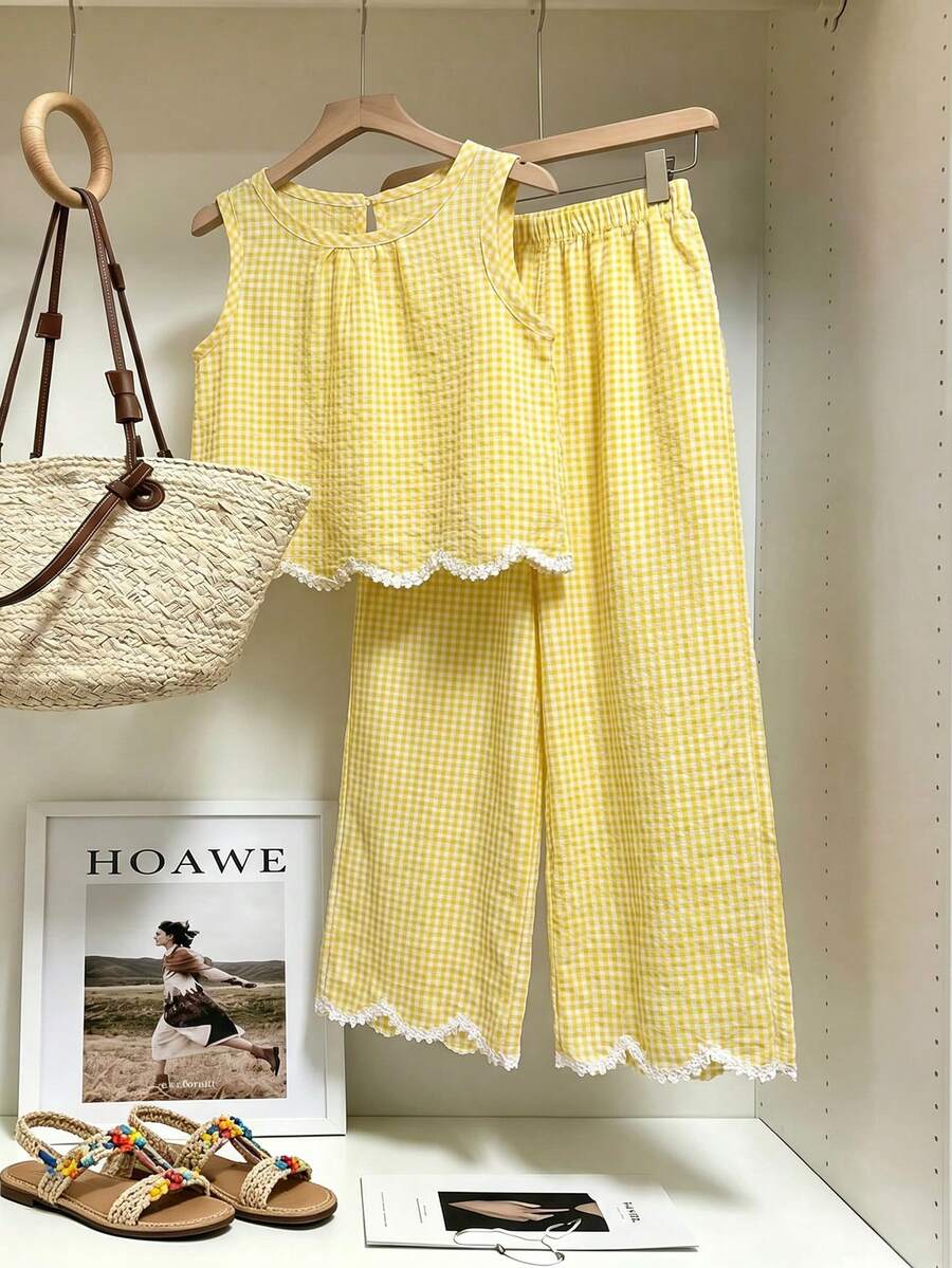 SHEIN Elladie kids 少女黃色與白色格紋圓領無袖上衣與長褲套裝 - 黃色 - 查看 1