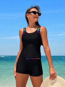 Swim Lushoire 女款夏季海灘熱帶植物印花休閒分體式比基尼套裝 - 黑色 - 查看 9