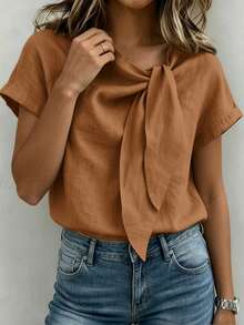 SHEIN Holidaya 女款竹節結圓領上衣，度假風 - 橘色 - 查看 6