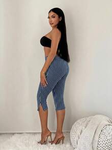 SHEIN SXY 女款條紋休閒百搭日常出遊緊身內搭褲 - 藏蓝色 - 查看 4