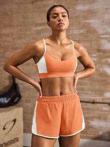 Powerista Women's Minimalist Colorblock Cropped Camisole Tank Top And Elastic Waist Casual Shorts Sports Set Daily Wear Running Cycling Yoga Gym - Orange - View 5