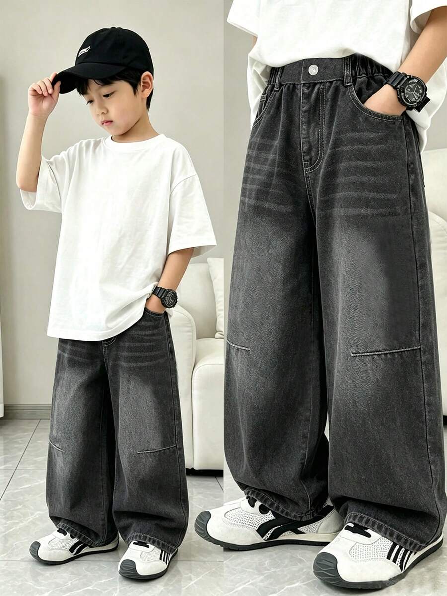 SHEIN Young Boy Loose Straight Wide-Leg Casual Children Denim Pants - Dark Grey - View 1