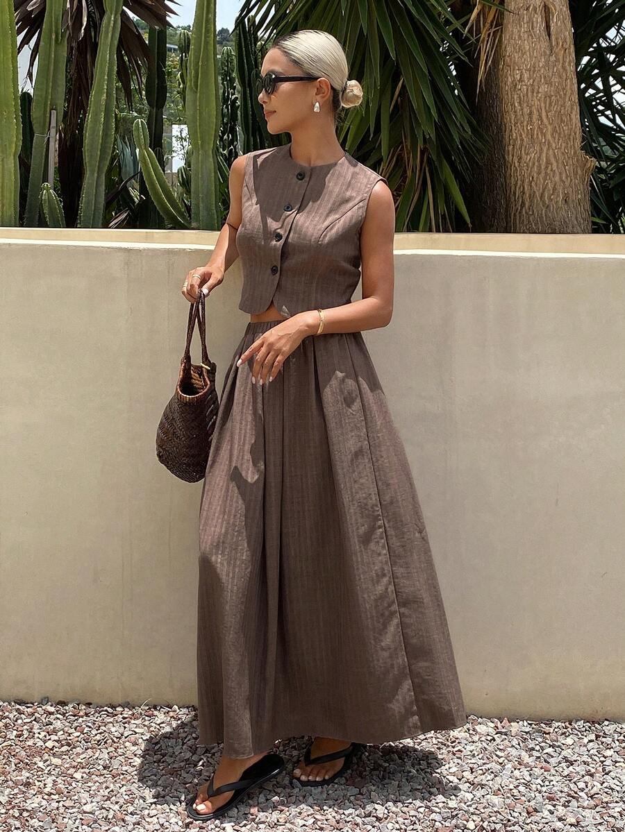 DAZY Spring/Summer New Textured Design Sleeveless Top Skirt Set Women's 2 Pieces Outfit Vacation Coffee Brown Elegant Minimalist - Brown - View 1