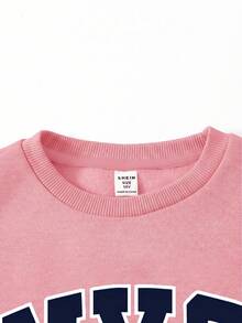 SHEIN Girlism Tween女孩秋冬休閒保暖內裡加厚運動衫套裝，紐約市印花圓領落肩長袖套頭衫與緊身印花牙籤褶皺寬腿直筒運動長褲套裝，2件式運動衫套裝，麻灰色，秋冬穿著 - 粉色 - 查看 3