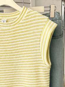 SHEIN Tank Top & Cami Rajut Jacquard Bergaris Kerah Bulat untuk Anak Perempuan Remaja - Kuning - View 4