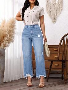 SHEIN PETITE Women's Pocket Distressed Straight Leg Loose Casual Denim Jeans ,Petite Women - Light Wash - View 3