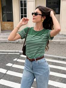 Pariaura Women's Striped Print T-Shirt With Bow Decoration On Back - Dark Green - View 4