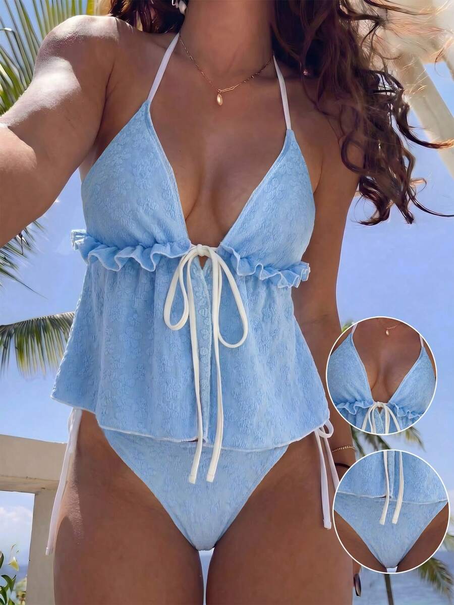Swim Mod Spring/Summer Light Blue Floral Pattern Special Fabric Yellow Knit Fabric Tie Spaghetti Strap V-Neck Ruched Ruffle Hem With Matching Side Tie Triangle Bikini Bottom 2pcs Set For Mature Women - Multicolor - View 1