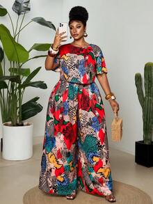 Maweii Plus Size Women's Summer Vintage Casual Snake Print Streetwear Short Top And Long Pants 2 Pieces Set - Multicolor - View 1
