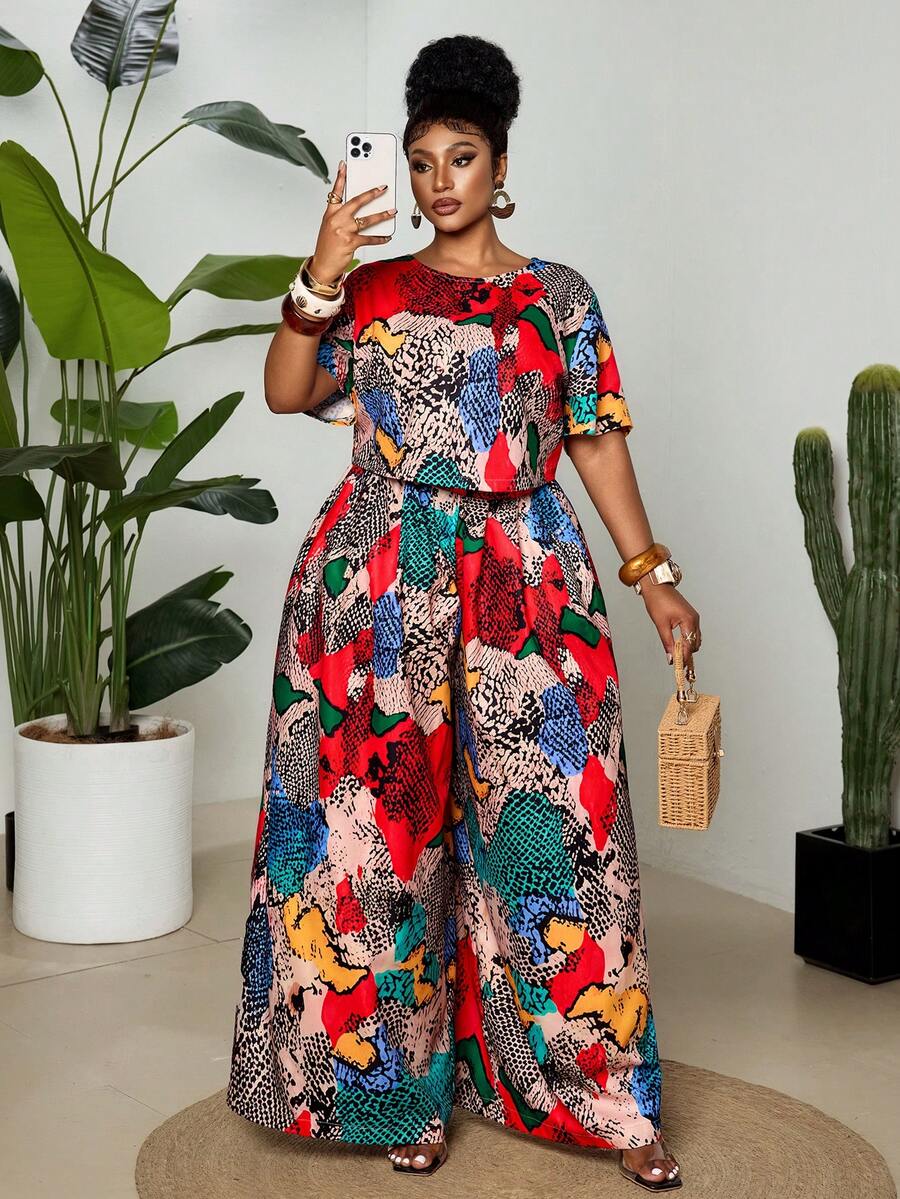 Maweii Plus Size Women's Summer Vintage Casual Snake Print Streetwear Short Top And Long Pants 2 Pieces Set - Multicolor - View 1