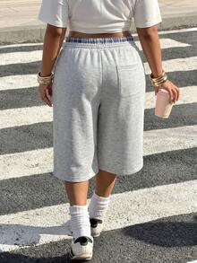 Muchica Plus Size Women's Drawstring Waist Casual Soft Baggy Versatile Daily Wear Capri Length Pants Gray Summer Gym Formal - Light Grey - View 2
