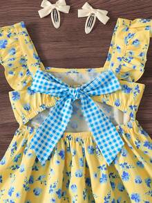 Young Girl Casual Daily Cute Lemon Print Flutter Sleeve Back Bow A-Line Dress Suitable For Vacation Young Girl - Multicolor - View 3