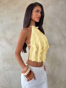 Aloruh Spring/Summer New Sexy Backless Lace-Up Design Hot Girl Sexy Slit Purple Elegant Multi-Layer Ruffle Decor Halter Neck Backless Top, Tank Top - Light Yellow - View 1