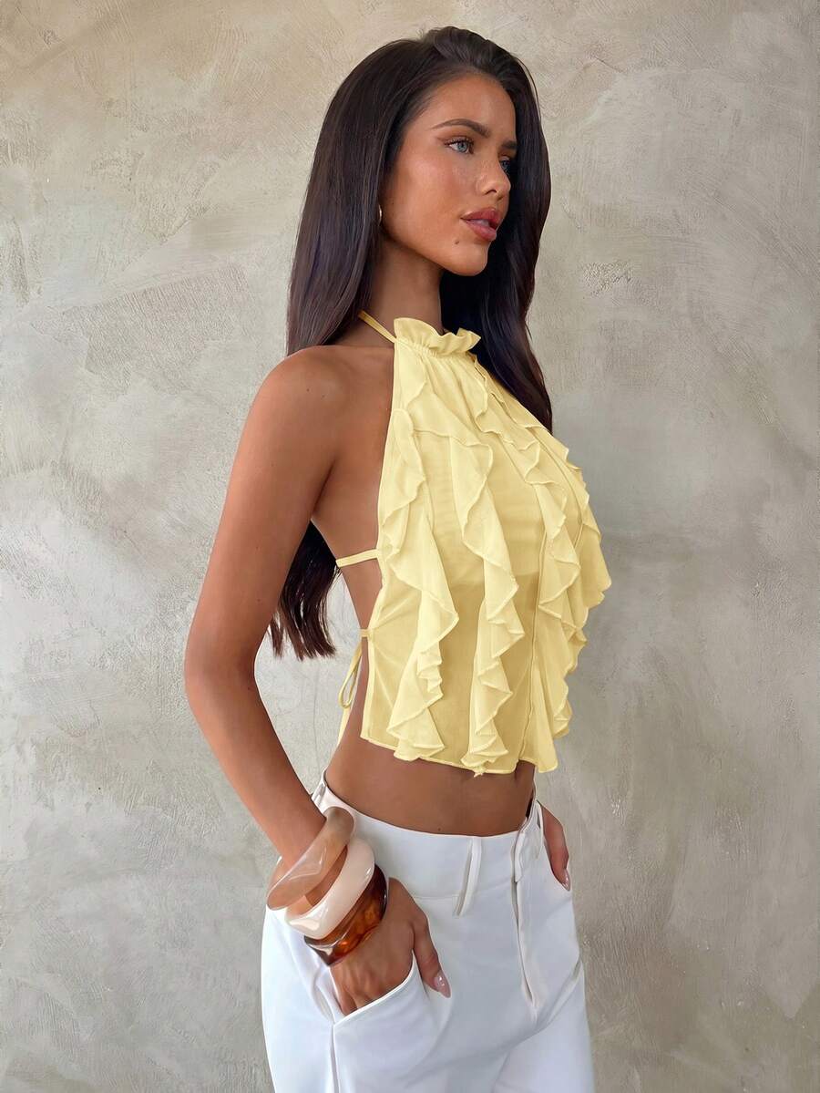 Aloruh Spring/Summer New Sexy Backless Lace-Up Design Hot Girl Sexy Slit Purple Elegant Multi-Layer Ruffle Decor Halter Neck Backless Top, Tank Top - Light Yellow - View 1