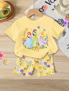 Randomly Ships 1 Of 6,Cute, Sweet, And Elegant Cartoon Princess Floral Bow Print Round Neck Short-Sleeved T-Shirt And Casual, Comfortable Slim-Fit Sho - Multicolor - View 4
