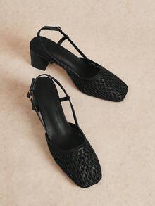 Rosivie Women's Fashion Brown Woven Hollow High Heel Pumps For Christmas - Black - View 1