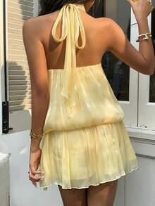 Sunnyshic Women's Pale Yellow Backless Mini Dress, Beach Vacation Outfit, Summer Fashionable Romantic Elegant Holiday Style - Yellow - View 2