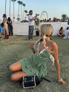 SHEIN MOD 女款掛脖綁帶抓皺休閒約會派對迷你洋裝 - 綠色 - 查看 2