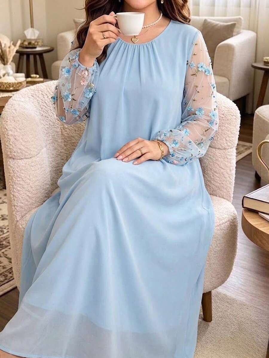 Al Najma 女士圆领刺绣网纱雪纺浪漫优雅加大码阿拉伯风格连衣裙,夏季 - 藍色 - 查看 1