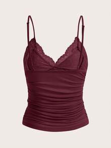 SHEIN PETITE CURVE Plus Size Women Curve Elegant Sexy Lace Patchwork Burgundy Camisole Top Summer Date Night Wedding - Red - View 2