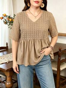 Lacomfia Crochet Mesh Patchwork Khaki Short Sleeve Loose Casual Everyday Plus Size Shirt - Khaki - View 6