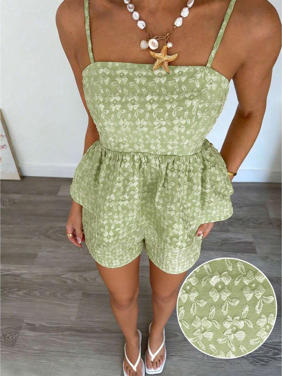 Siren Gaze Women's Jacquard Pleated Camisole Top And Shorts Casual Daily 2 Pieces Set - Mint Green - View 1