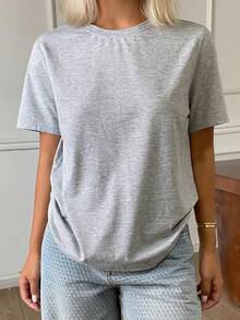 DAZY Women's Casual Solid Color Round Neck Short Sleeve T-Shirt, Summer - Grey - View 7
