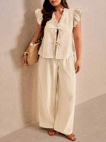 Elaquor Plus Size Women's Ruffle Trim Front Tie Small Flutter Sleeve Blouse And Wide Leg Pants Casual 2 Pieces Set Casual Summer Vacation Daily Two Pieces Set - Apricot - View 5