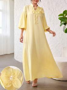 Yasmyna Yellow Sweet Lantern Sleeve Tie-Waist Loose Flowy Elegant Holiday Dress For Women - Yellow - View 9