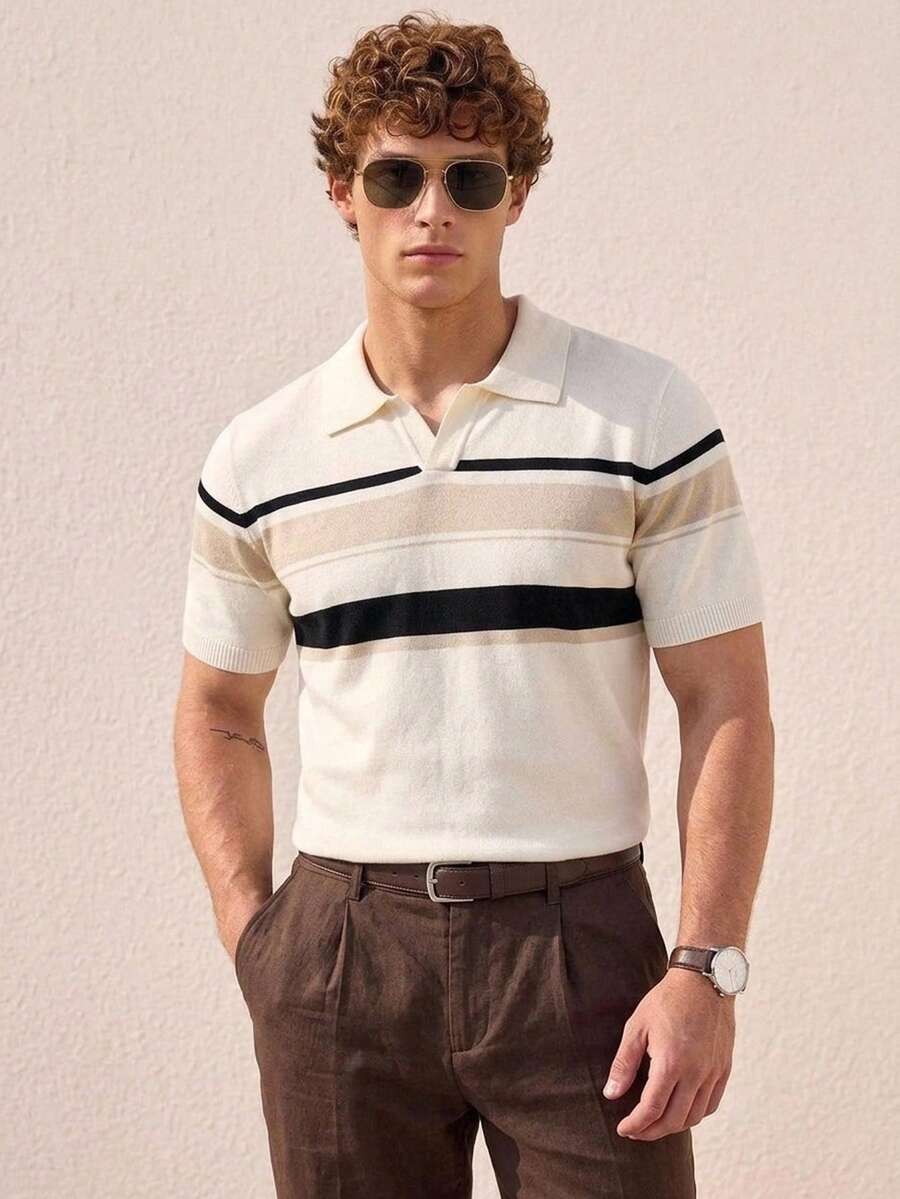 Manfinity CityGents Old Money 男士短袖針織上衣，夏季休閒商務休閒度假 Polo 領上衣，復古高爾夫風，透氣輕量復古上衣