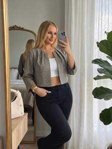 Auralis Plus Size Women Pleated Design Open Front 3/4 Sleeve Blazer Outfits Office Work Casual Elegant Summer Daily For Fall/Winter Gray - Grey - View 4