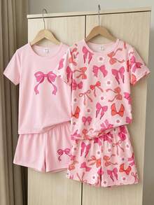 Girls' Pink Bow Print Pattern + Bow Placement Flower Top + Bow Placement Flower Pants Short Sleeve Shorts 4-Piece Set Fitted Pajamas Homewear - Multicolor - View 4