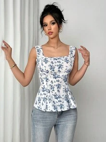 Rafferiza Fabric Print Collarless Ruched Tie Waist Sleeveless Women Blouse - Blue - View 6