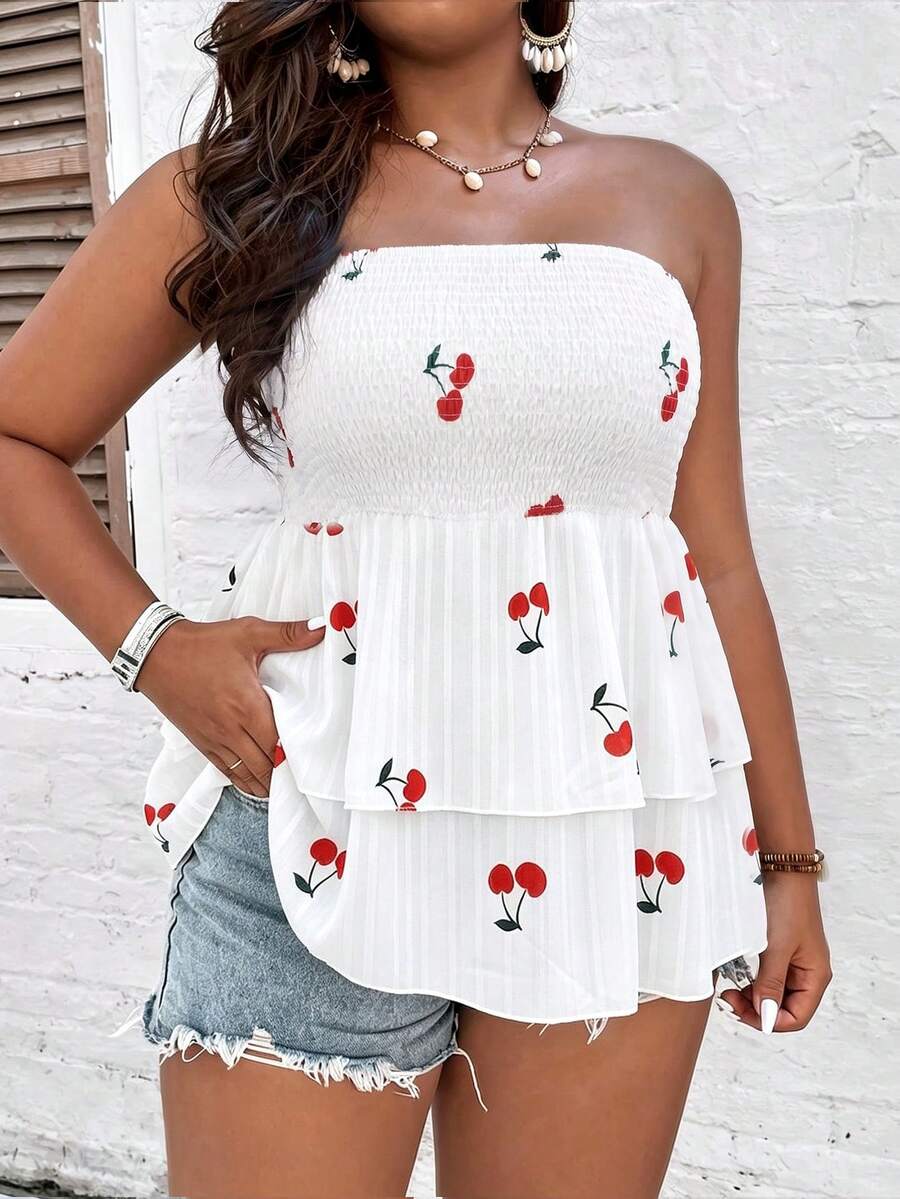 Breezaya Blusa de talla grande versátil de tela texturizada con estampado, resistente y fruncida para mujeres - Blanco - Ver 1