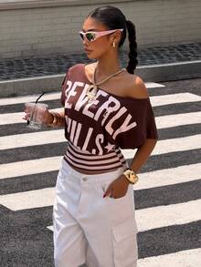 Muchica Women's Summer Casual Street Wear Y2k Brown And Pink Patchwork Letter Print Asymmetric Neck T-Shirt Tops World Cup Going Out Night Out City Break - Coffee Brown - View 6