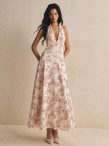 Poéselle Women's Floral Print Deep V-Neck Elegant Halter Dress - Apricot - View 3
