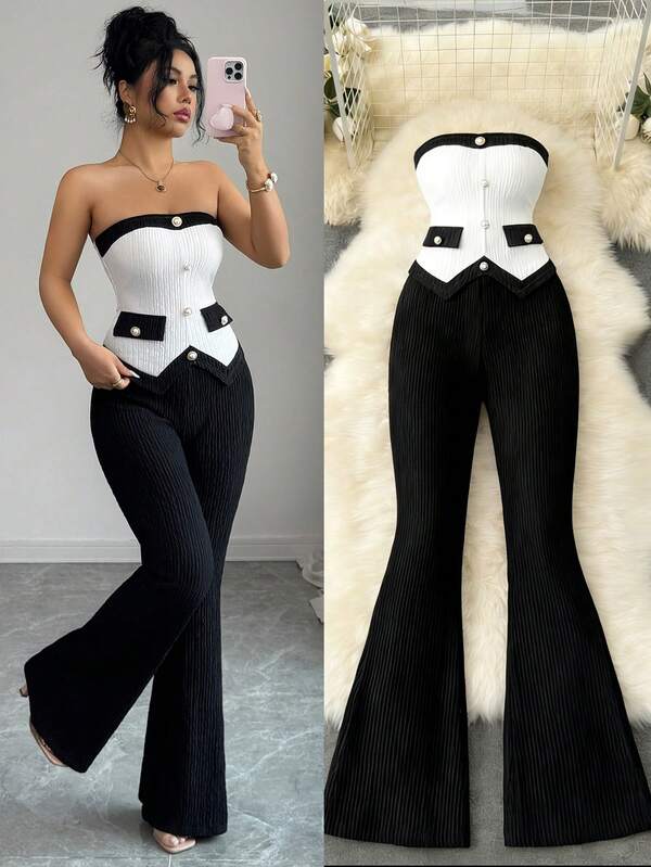 Elenzga Conjunto de duas peças minimalista e sexy, com top cropped assimétrico de alças finas em cores contrastantes e calça flare slim fit com cintura elástica. Design casual e versátil.