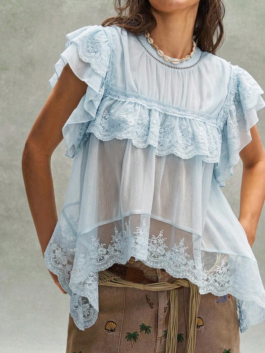 Bohemela 女款夏季浪漫度假法式波希米亞音樂節刺繡荷葉邊蕾絲拼接襯衫,隨性休閒風格,自由自在穿搭,嘉年華女裝,海灘夏季度假 - 藍色 - 查看 1