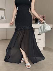Feyla Women's Fashion Elegant Embroidered Patchwork Mermaid Asymmetrical Hem Skirt Party Black Summer - Black - View 4