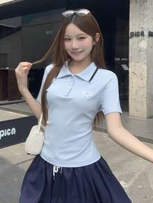 DAZY 蝴蝶結刺繡寬鬆短袖圓領女款T恤 - 藍色 - 查看 6
