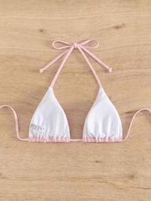 Swim Basics Women's Solid Color Halter Neck Tie Bikini Top, Suitable For Summer Vacation And Beach - Pink - View 2